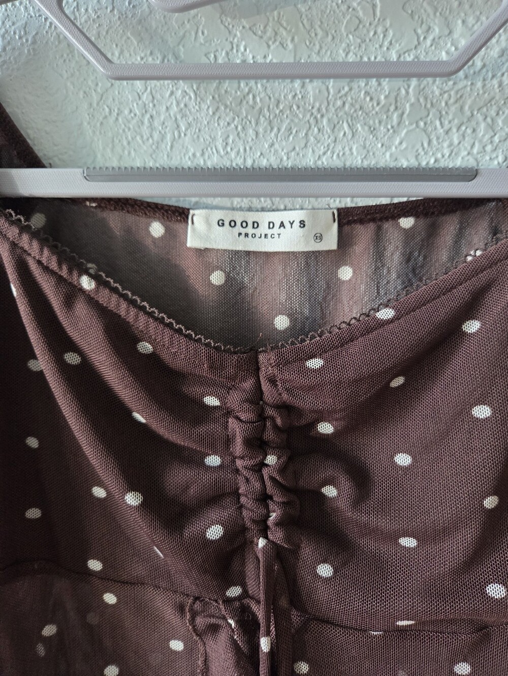 Brown Polka Dot Ruched Mesh Blouse - Picture 2 of 4